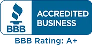 BBB Accredited Business logo with a blue background and text stating "BBB Accredited Business" and "BBB Rating: A+.
